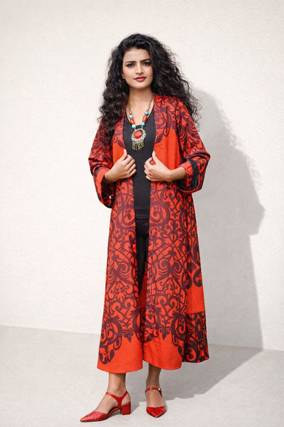 072 Scroll Printed Long Crepe Shrug | Fariha G
