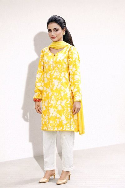 081 Yellow Printed Lawn A-Line Shirt | Fariha G