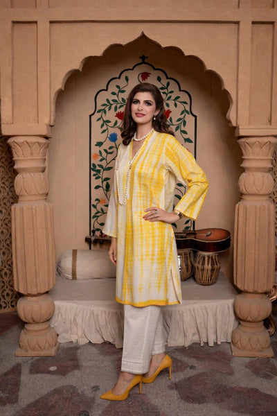 Yellow Lawn Tie & Dye Shirt with Dupatta | Fariha G