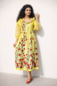 060 Rose Petals Yellow Floral Velvet Silk Dress — view 1