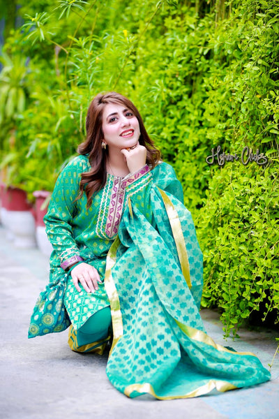 ED03 Sea Green-Jacquard-Full- Suit | Fariha G