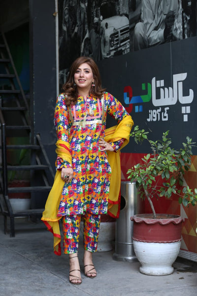 ED011 Pink with Multicolor-Printed-Suit | Fariha G