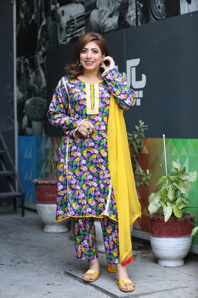 ED012 Yellow Multicolor with Printed Suit | Fariha G